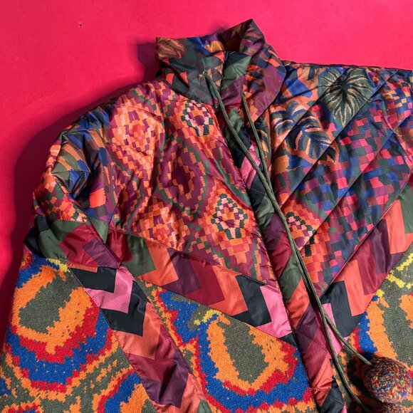 Farm Rio Patchwork Tapestry Puffer Coat – Unisex Statement Jacket, Size M - Picture 8 of 11